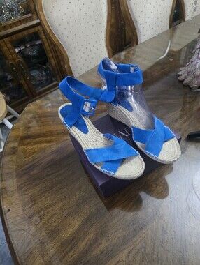 Blue Suede Espadrille Wedge Sandals with Ankle Strap